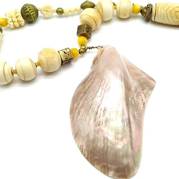 Artisan 4" MOP Shell Brass & Faux Bone Statement Necklace - Picture 6 of 15